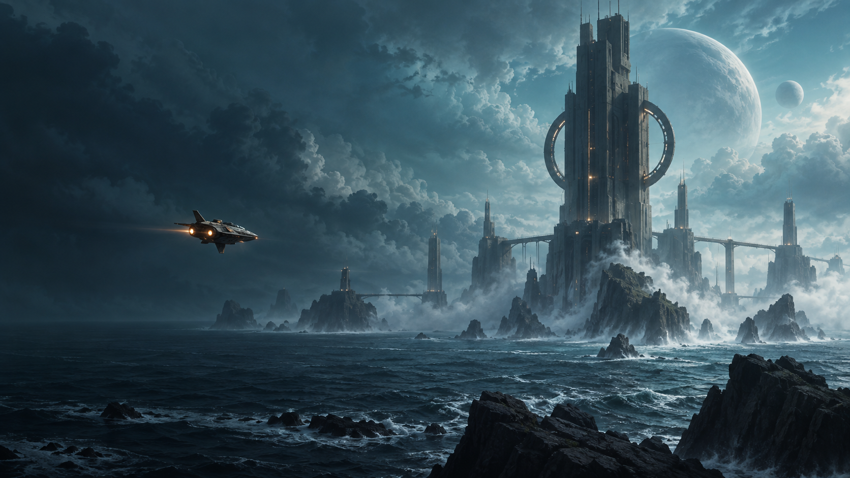 Original concept artwork of a monumental tower above a misty alien ocean.