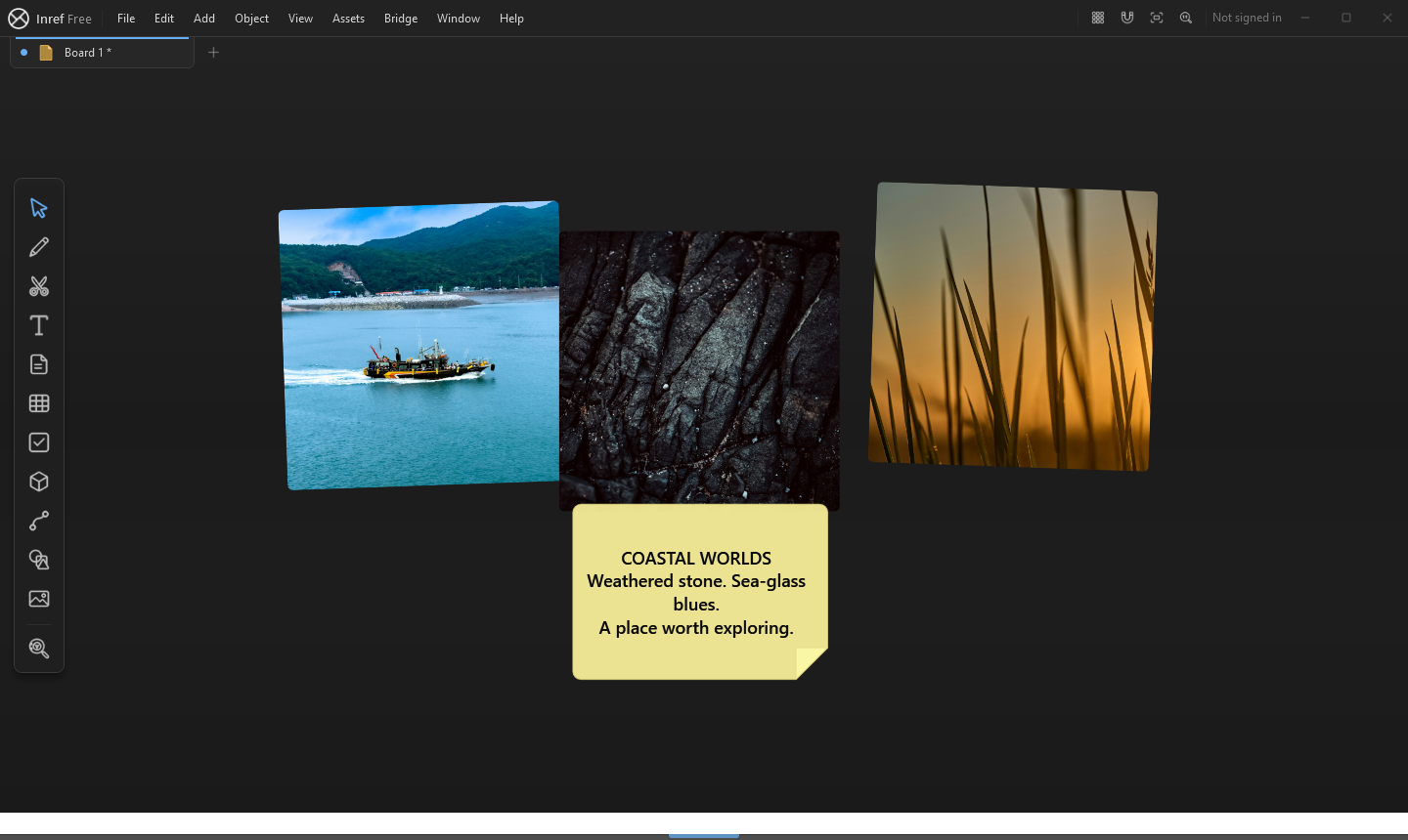 InRef reference board with images, notes and creative tools.