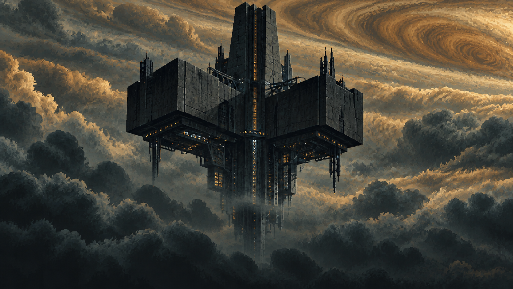 Pixel-art concept of an industrial pylon floating within the storm clouds of a gas giant.