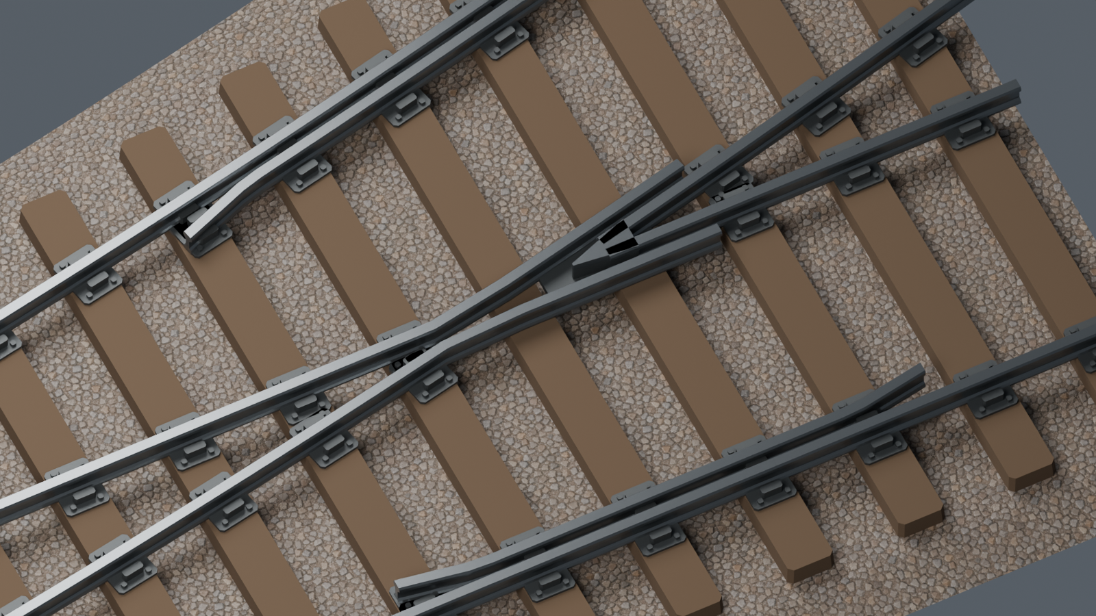 Close view of the crossing and rail geometry in Shunt's turnout asset.