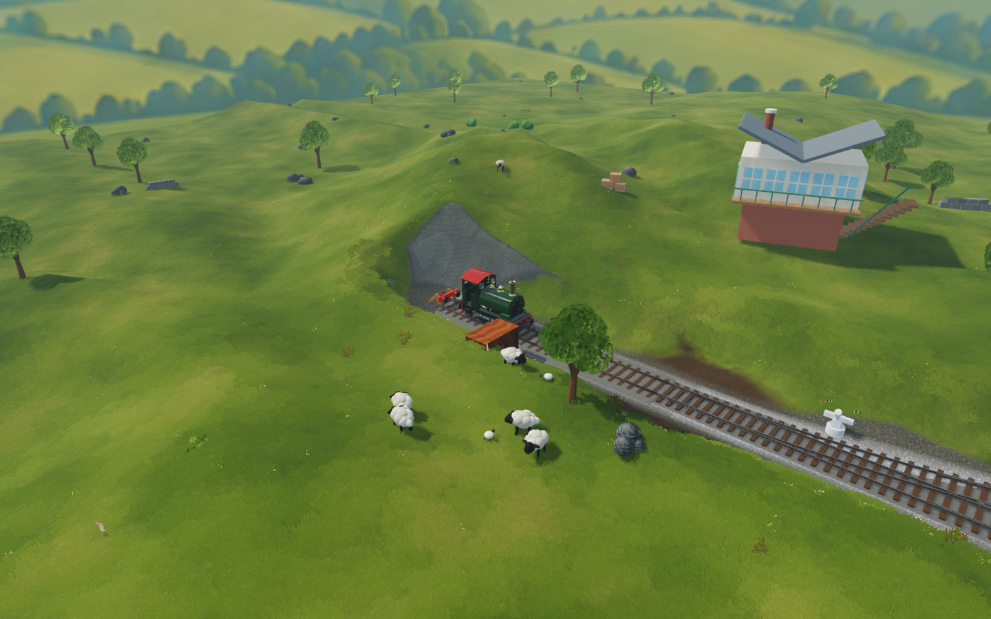 A steam locomotive in Shunt's rural railway environment.