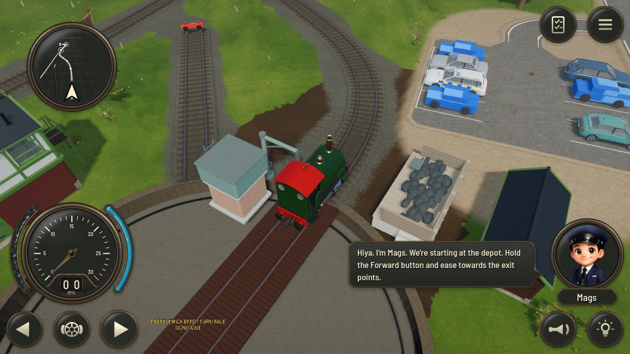 Shunt development gameplay showing a locomotive at the depot with the game's controls and tutorial on screen.