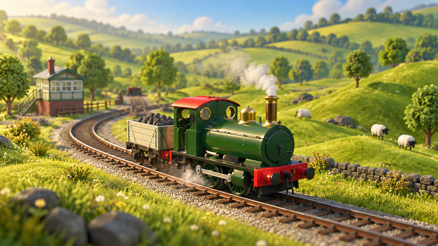 Concept artwork of a small green steam locomotive in rolling countryside.