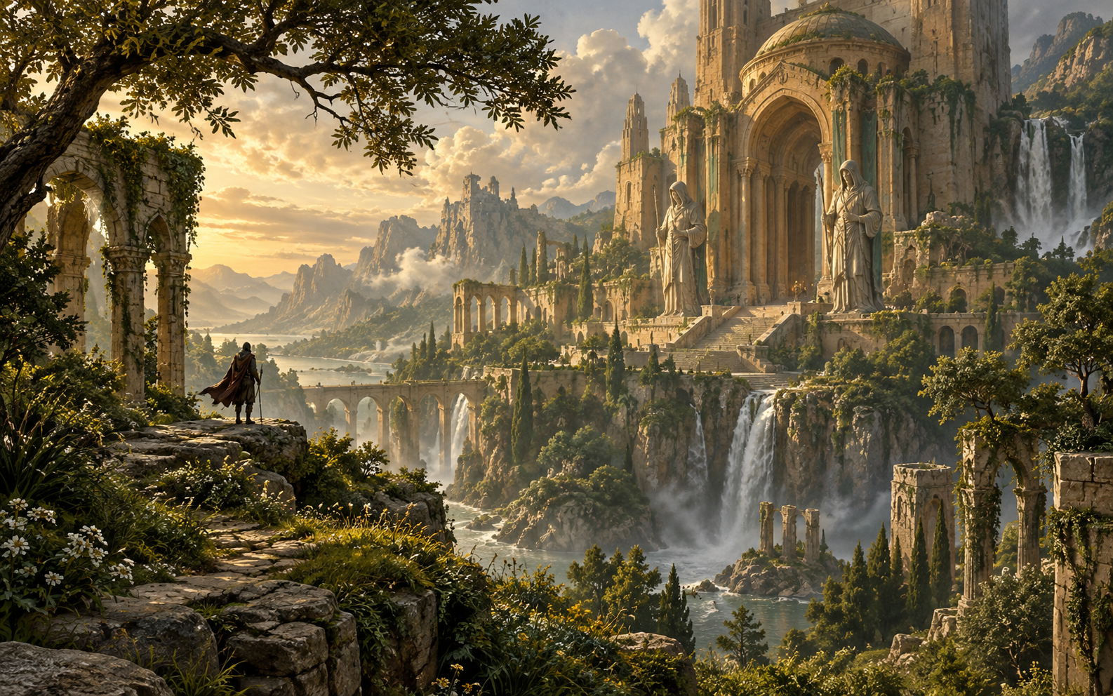Generated environment concept study of a sandstone sanctuary in a green valley.